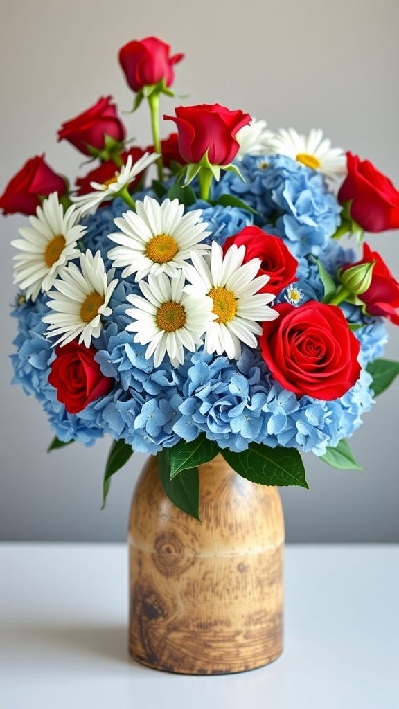 A floral arrangement featuring red roses, white daisies, and blue hydrangeas in a wooden vase.