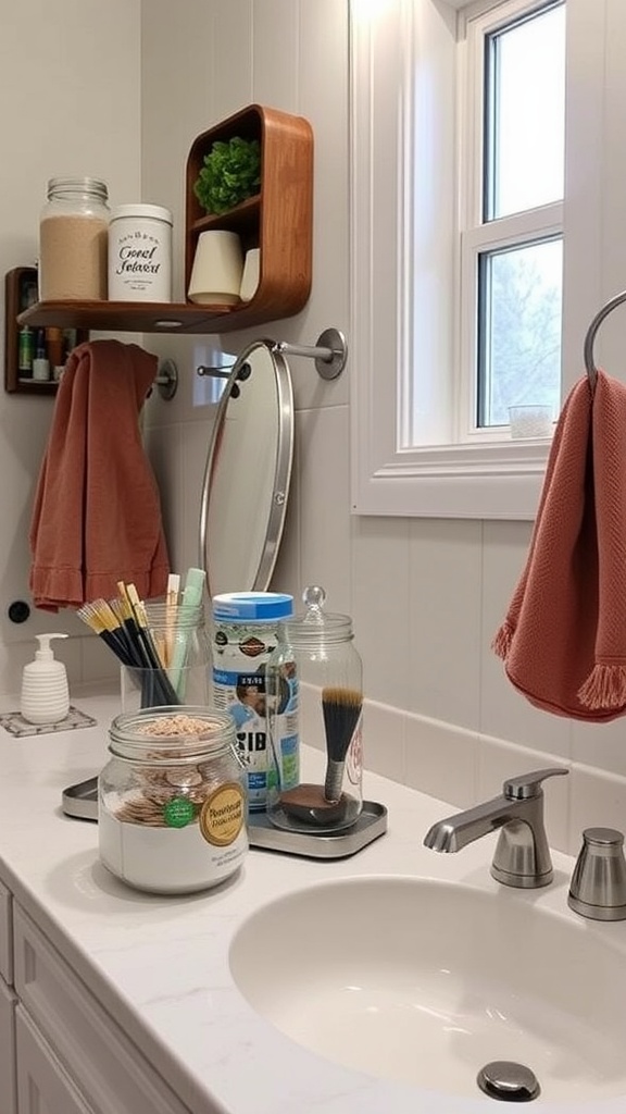 A bathroom counter showcasing repurposed organizers with jars, a wooden shelf, and a towel.