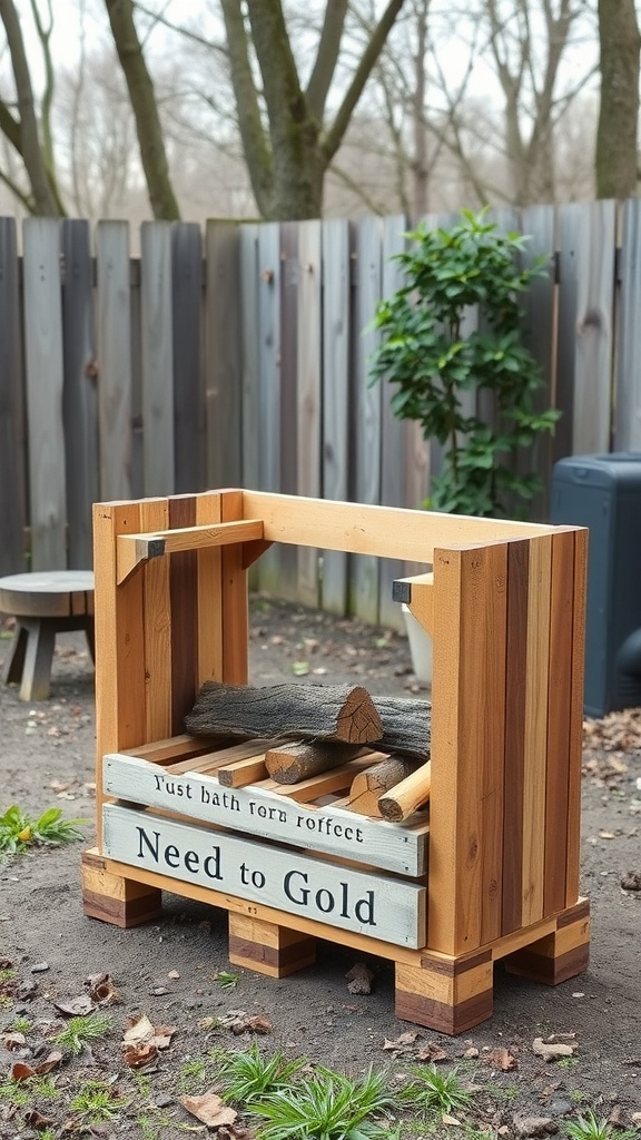 A wooden pallet firewood holder with a playful message, showcasing rustic charm and practicality.