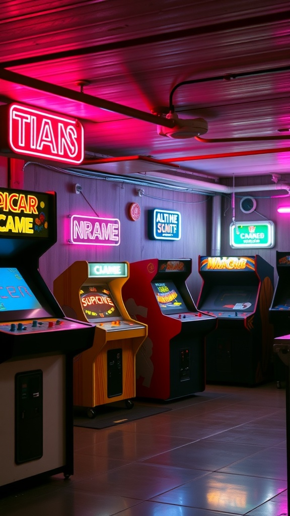 A colorful retro arcade game corner with neon signs and classic arcade machines.