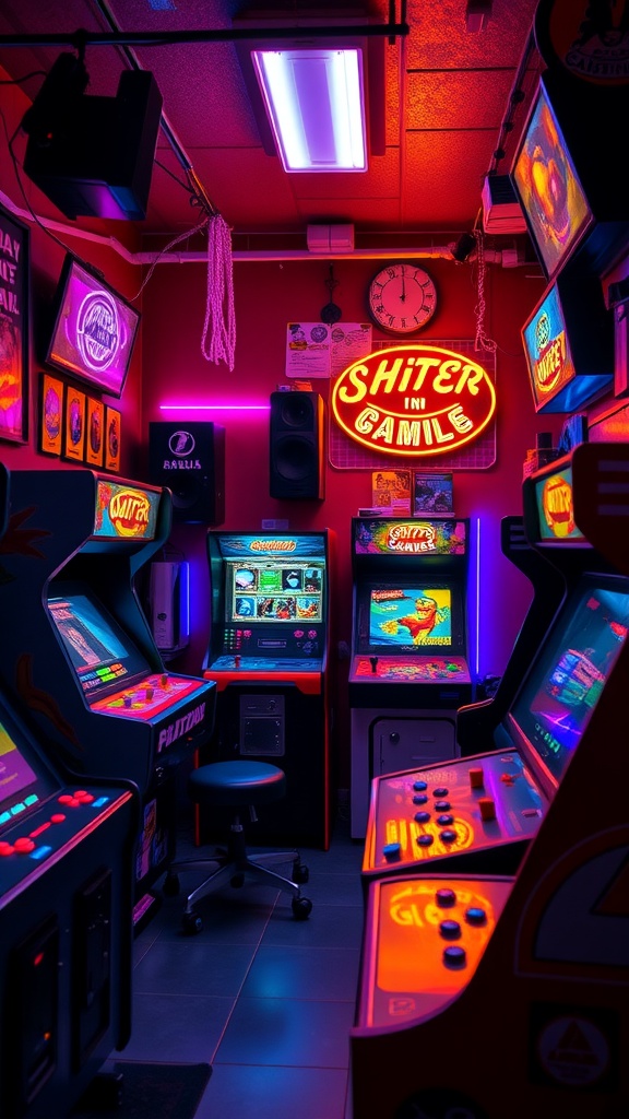 A small game room featuring retro arcade machines with neon lights and playful decor.