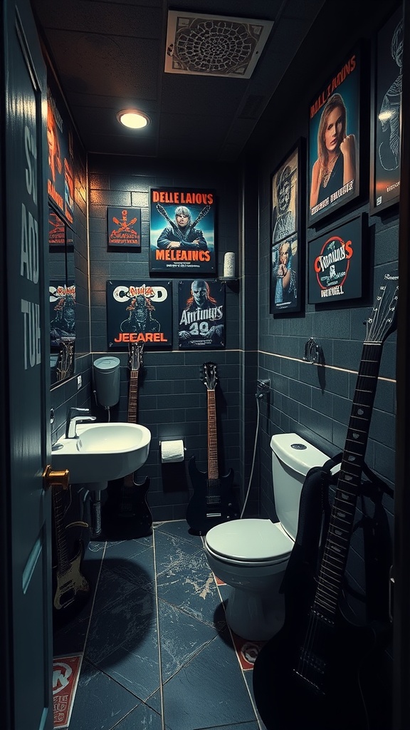 A rock and roll themed bathroom with posters of musicians, guitars, and dark tiles.