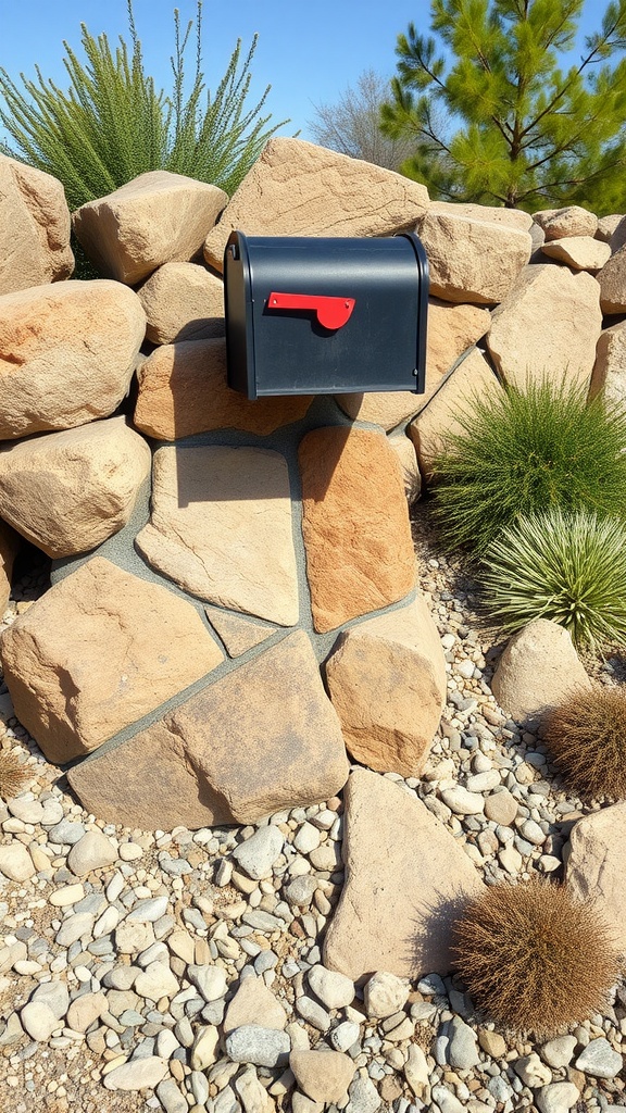 A black mailbox set against a backdrop of large stones and desert plants.