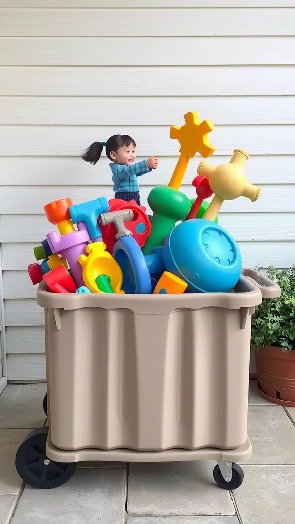 A rolling storage cart filled with colorful outdoor toys and a smiling child.