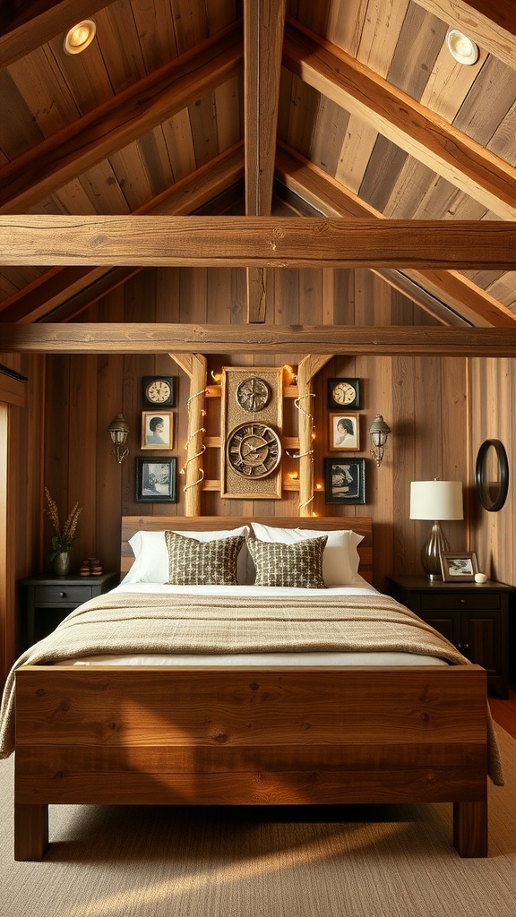 A rustic barn-style bedroom featuring wooden walls, beams, and a solid wood bed with cozy linens.