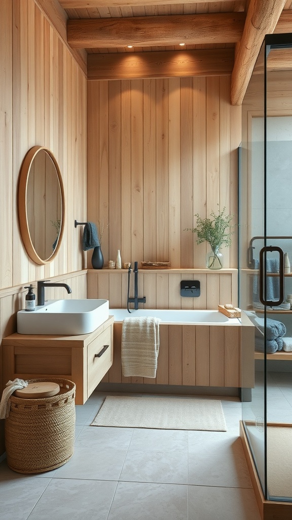 A rustic beige bathroom featuring wooden panels, a modern sink, and a cozy atmosphere.