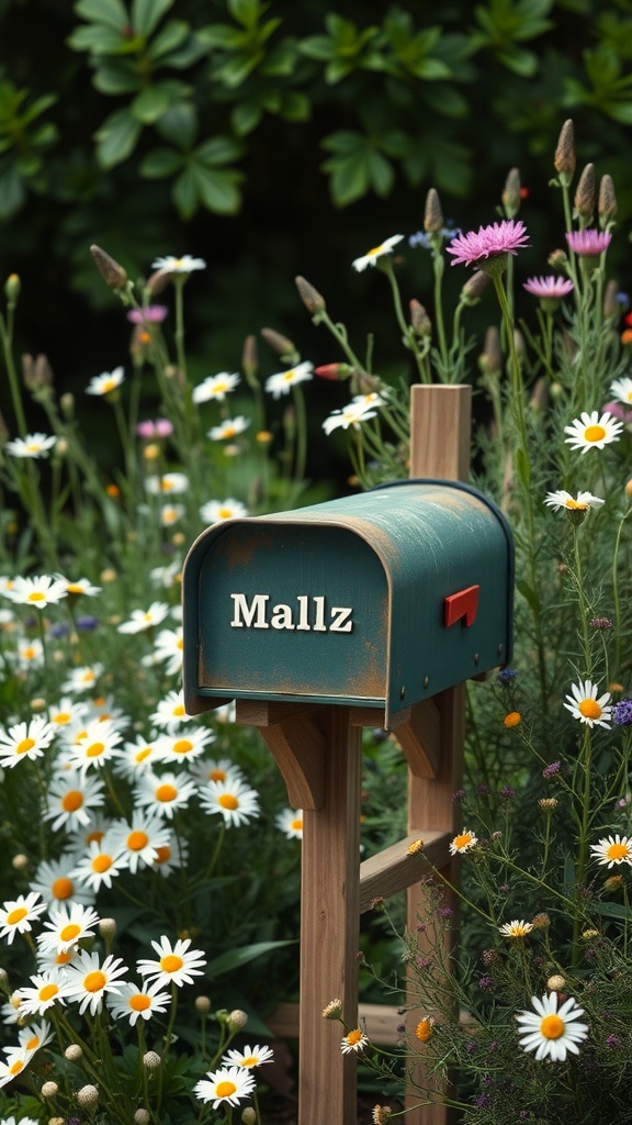 A rustic green mailbox surrounded by cheerful daisies and wildflowers in a garden setting.