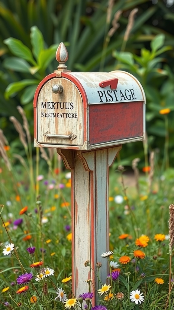 A rustic mailbox post surrounded by colorful wildflowers, featuring a weathered wood design with red accents.