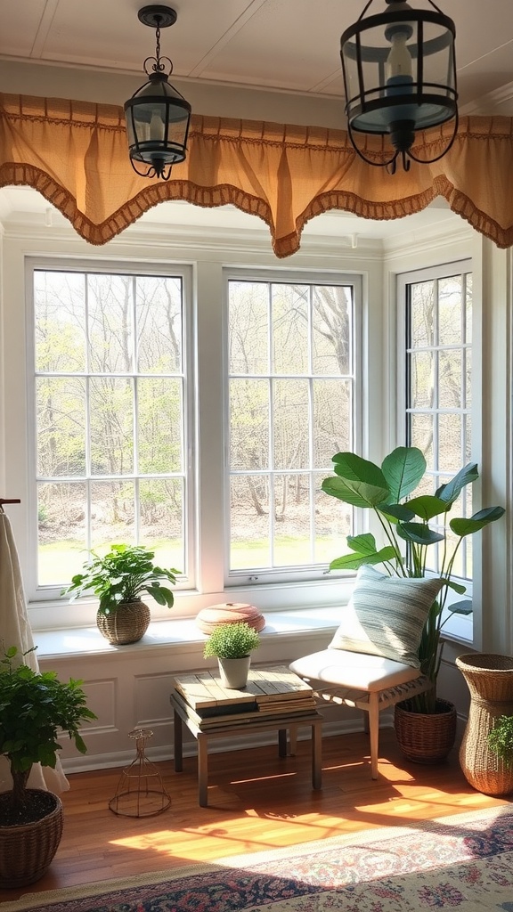 A cozy sunroom with rustic linen window panels, plants, and a small table.