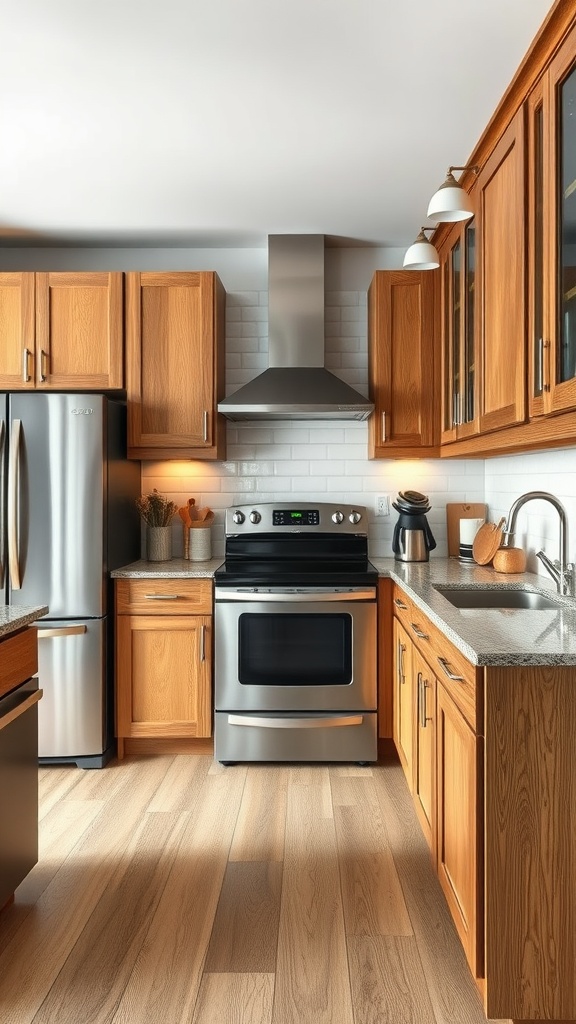 A kitchen featuring rustic oak cabinets with modern stainless steel appliances and light countertops.