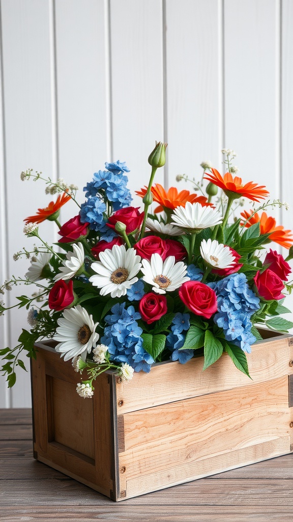A rustic wood box filled with vibrant seasonal flowers in red, white, and blue.
