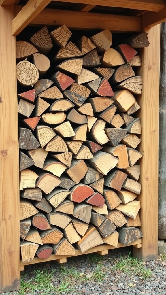 Rustic wood rack displaying neatly stacked firewood with a natural finish.