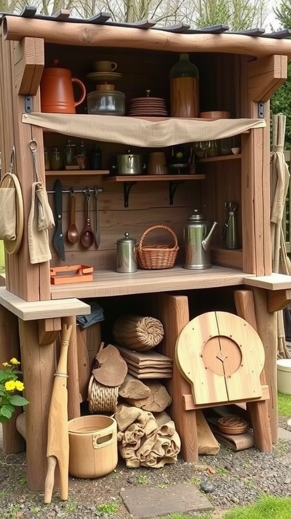 A rustic wooden mud kitchen with shelves filled with jars, cups, and utensils, set in a garden environment.