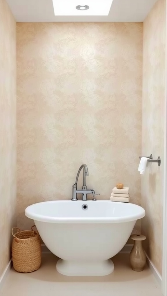 A bathroom featuring sandy textured wall finishes with a white bathtub, natural light from a skylight, and decorative elements.