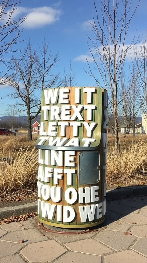 Artistic outdoor trash can with playful text and colors