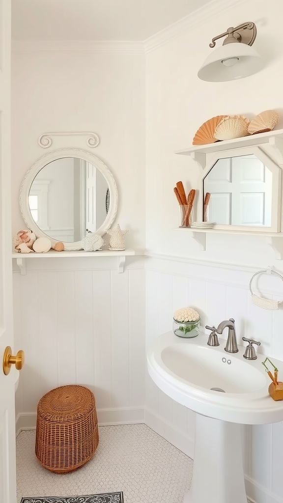 A coastal-themed bathroom with white walls, seashell decor on shelves, and a round mirror.