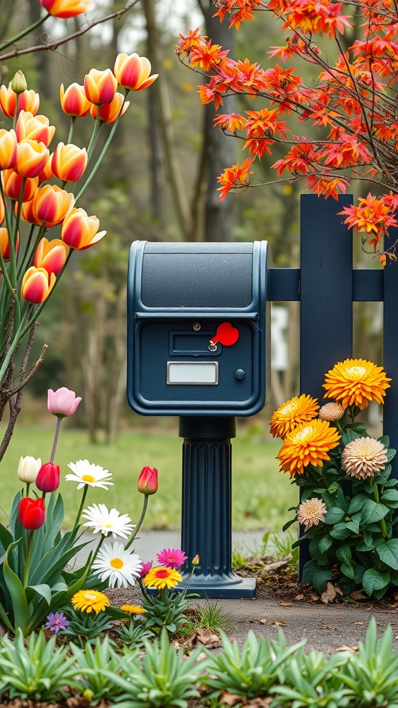 A mailbox surrounded by colorful tulips, daisies, and autumn foliage.