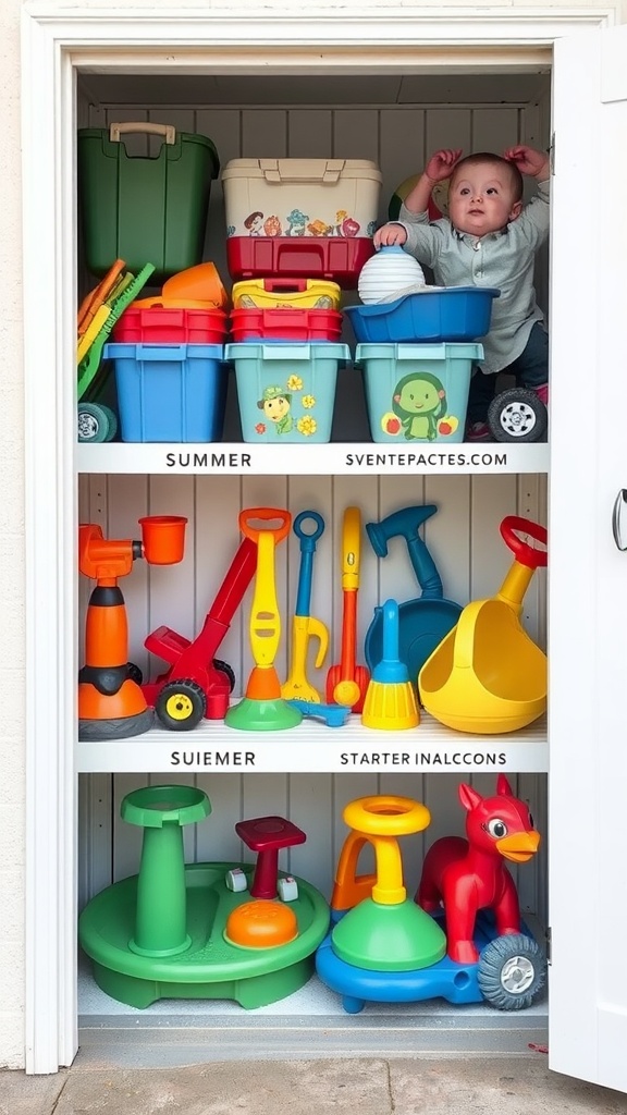 Organized outdoor toy storage with seasonal bins and colorful toys.