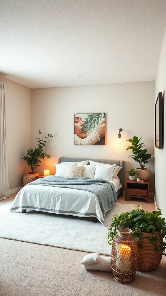 A serene basement bedroom featuring a cozy bed, plants, warm lighting, and calming artwork.