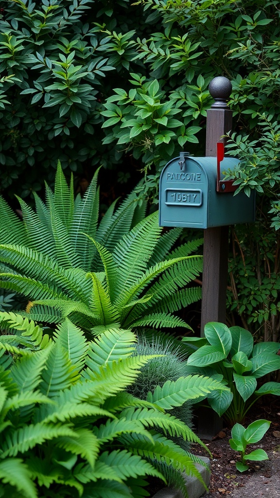 A green mailbox surrounded by lush shade-loving plants, including ferns and hostas.