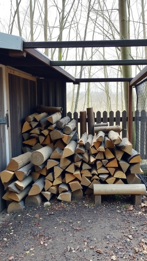Sheltered firewood storage area with a roof, neatly stacked wood, and a bench nearby.