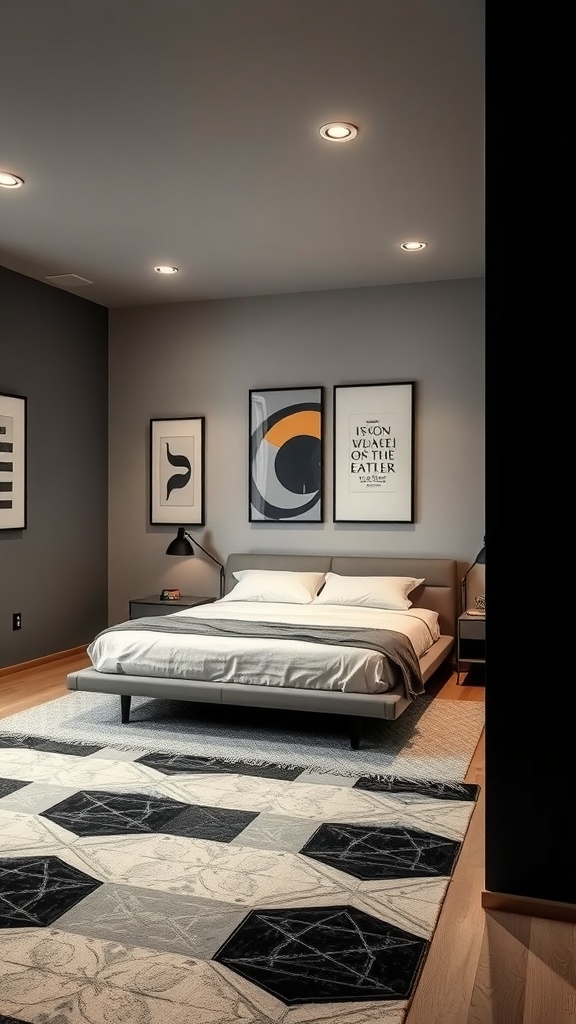 A modern basement bedroom with a low-profile bed, geometric artwork, and a patterned rug