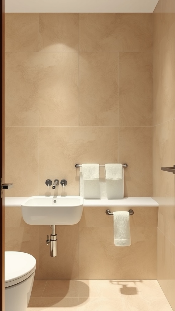 A sleek and modern beige bathroom with minimalist fixtures and fittings.