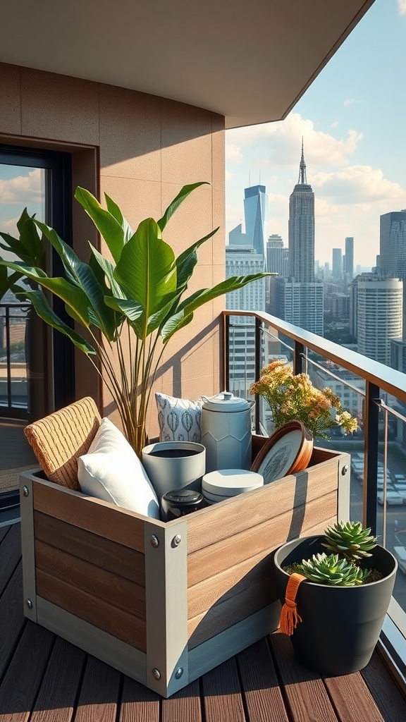 A stylish deck box on a balcony filled with cushions, pots, and plants, with a city skyline in the background.