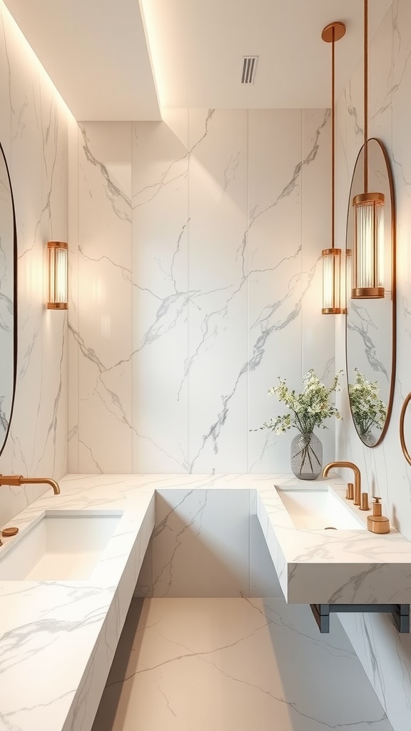 A modern bathroom featuring sleek marble accents, double sinks, and elegant lighting.