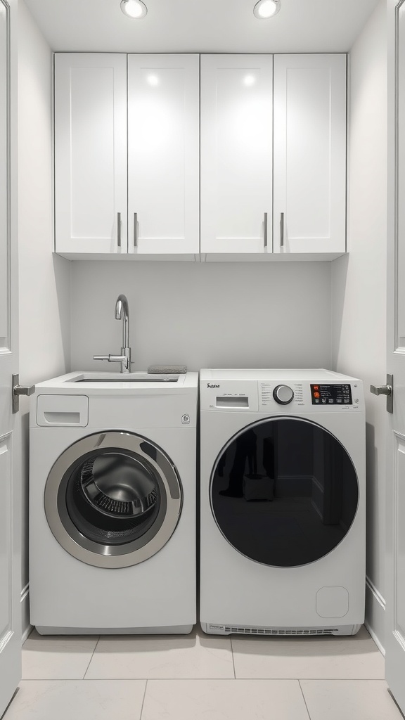 A modern minimalist laundry room featuring a washer and dryer with white cabinetry.