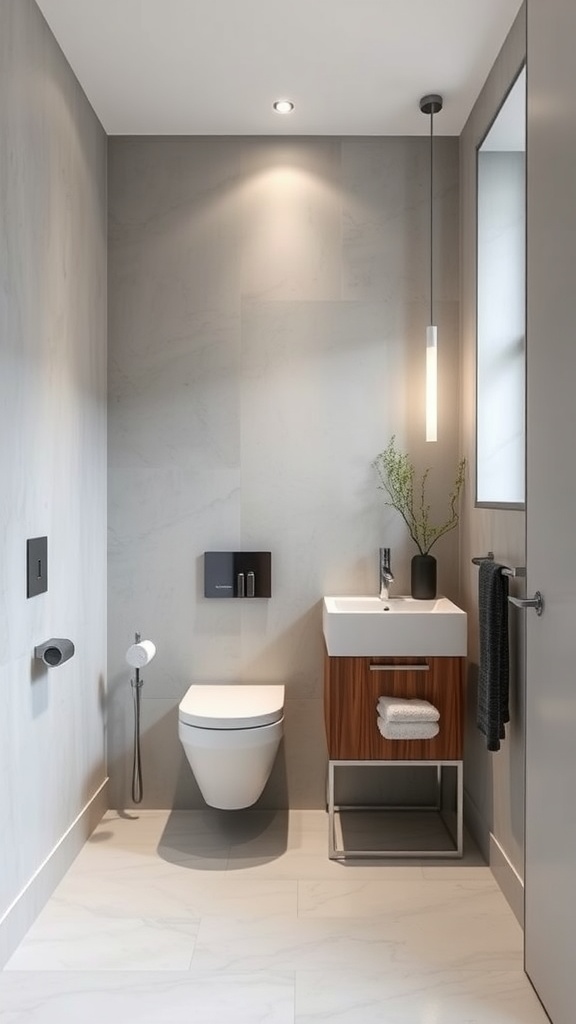 A modern bathroom featuring sleek design elements, including neutral walls, minimalist fixtures, and a touch of greenery.
