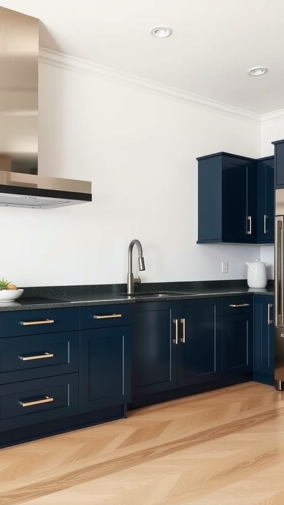 Modern navy blue kitchen cabinets with metallic fixtures and light wooden flooring