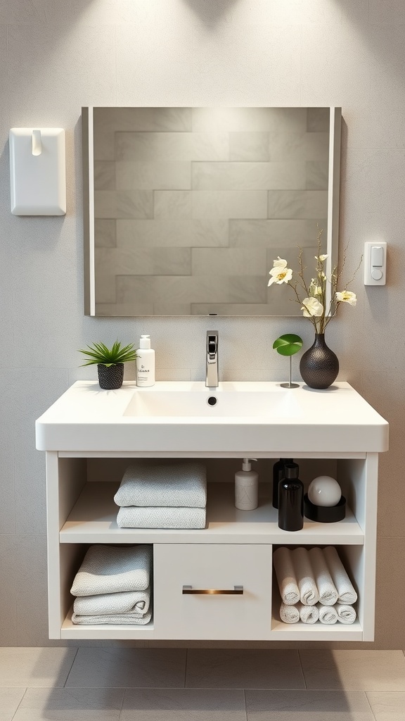 A sleek modern bathroom sink with integrated storage featuring open shelves, a mirror, and decorative elements.