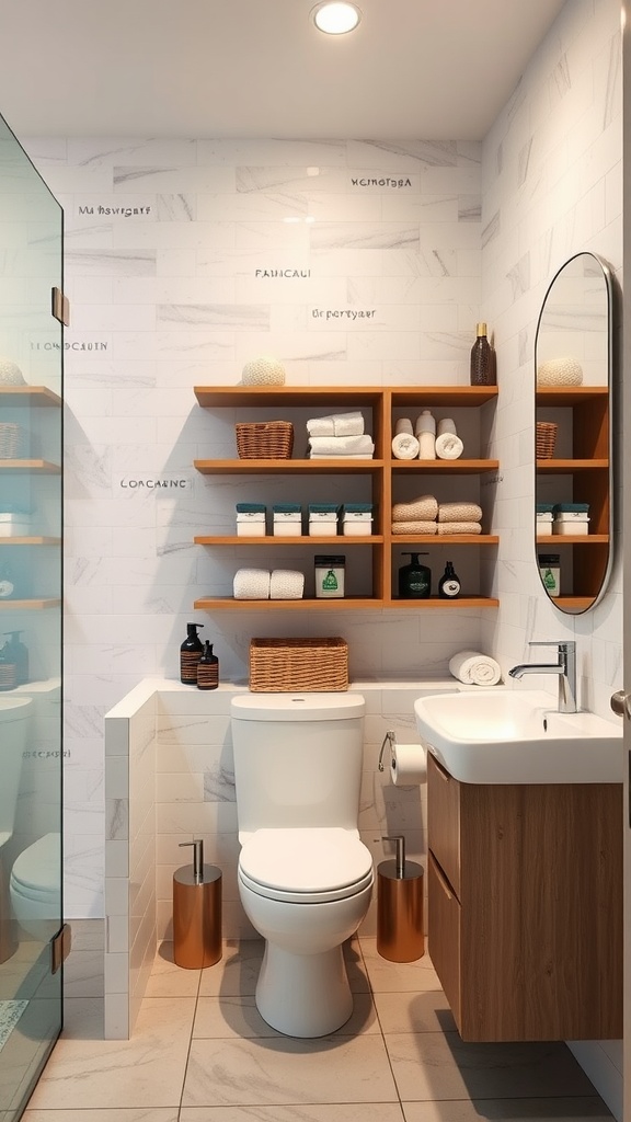 A stylish bathroom with smart storage solutions, featuring open shelves, neatly folded towels, and a modern vanity.