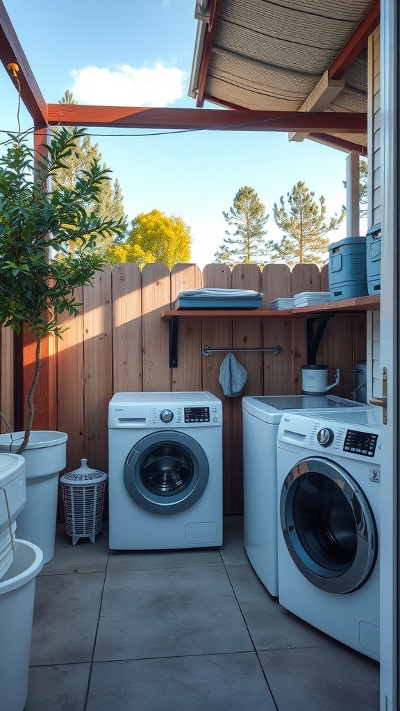 A modern outdoor laundry area showcasing two washing machines, a wooden fence, and greenery.