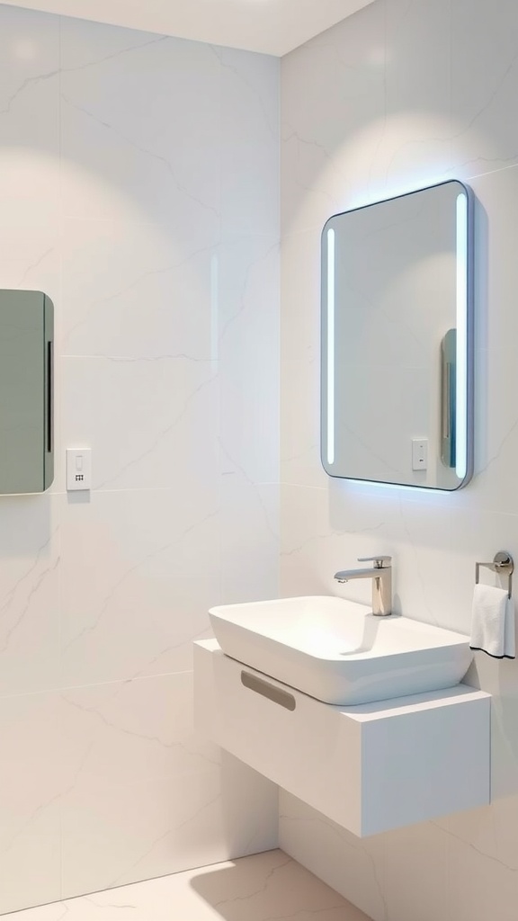A modern bathroom with a smart mirror and sleek fixtures.