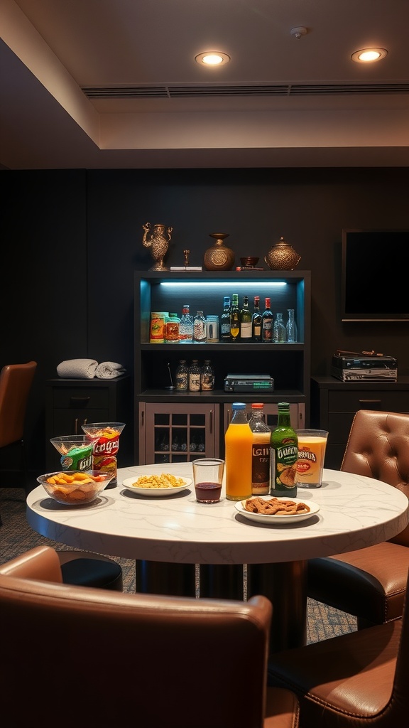 A cozy game room table with snacks and drinks, enhancing the gaming experience.