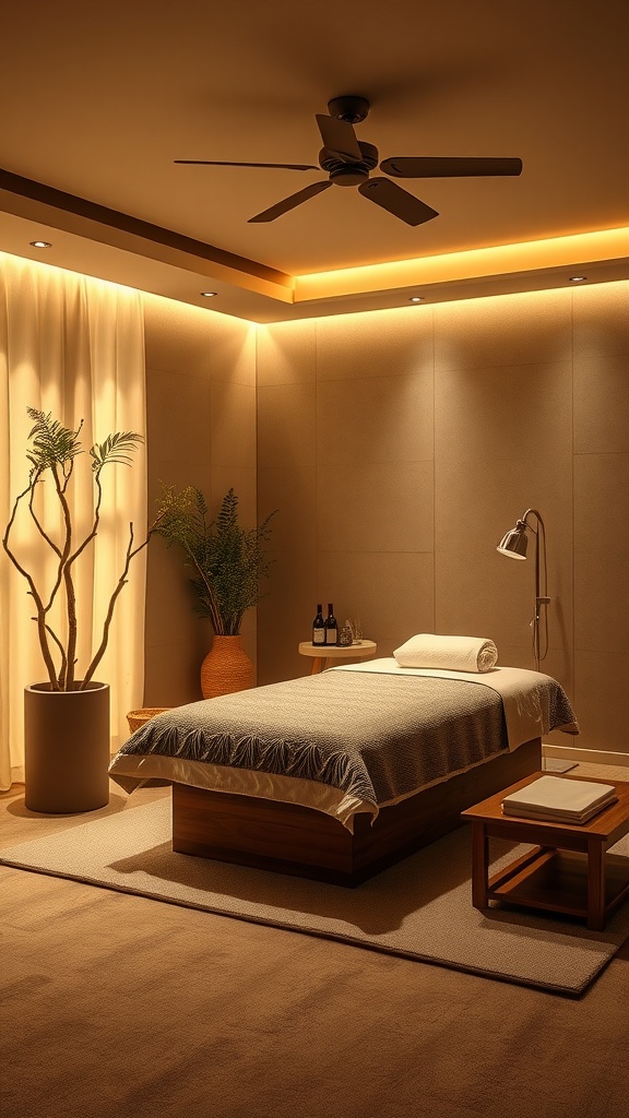 Image of a massage room with soft lighting, featuring a massage table, plants, and a warm color scheme.