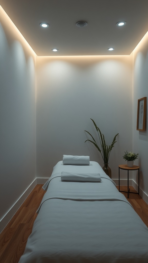 A small, soothing massage room with soft lighting and a massage table.