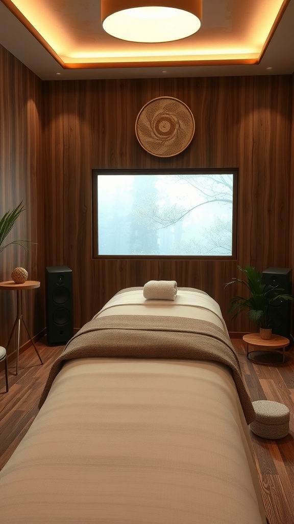 Interior of a massage room with soft lighting, a massage table, and speakers, creating a calming atmosphere.