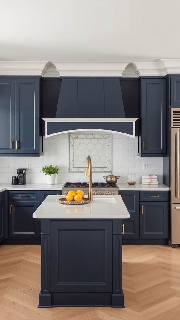 Kitchen with navy blue cabinets and white trim featuring a central island and gold accents.