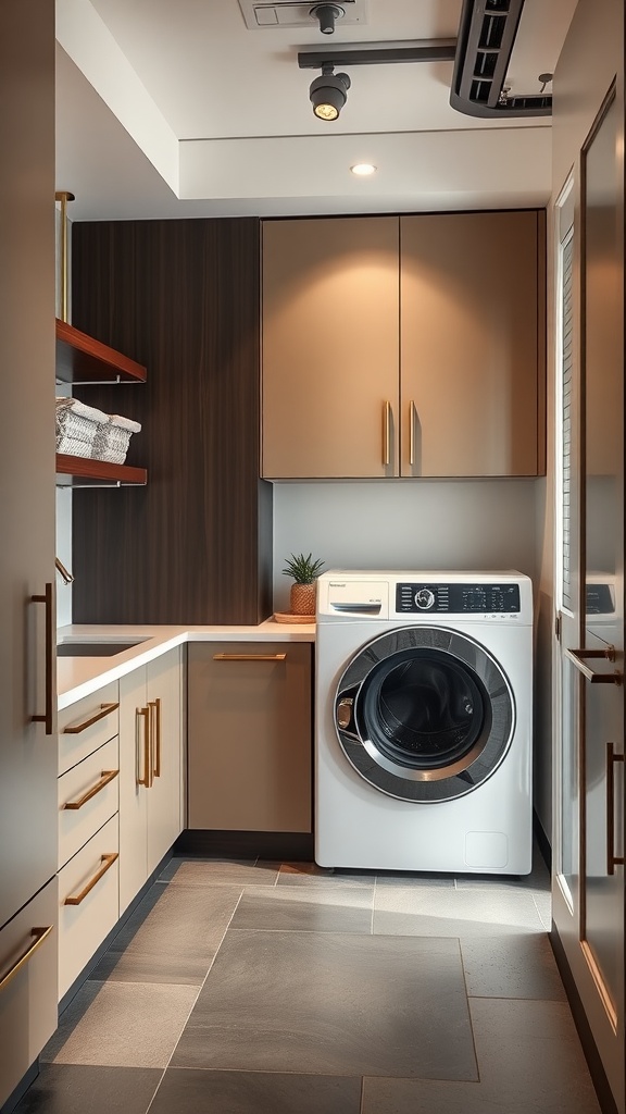 A modern urban laundry room featuring sleek cabinetry, gold hardware, and a washing machine.