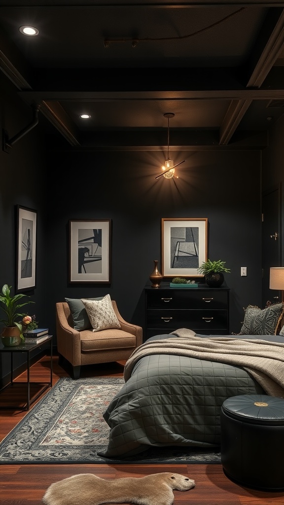 A stylish basement bedroom featuring dark walls, a plush bed, a cozy chair, and modern lighting.