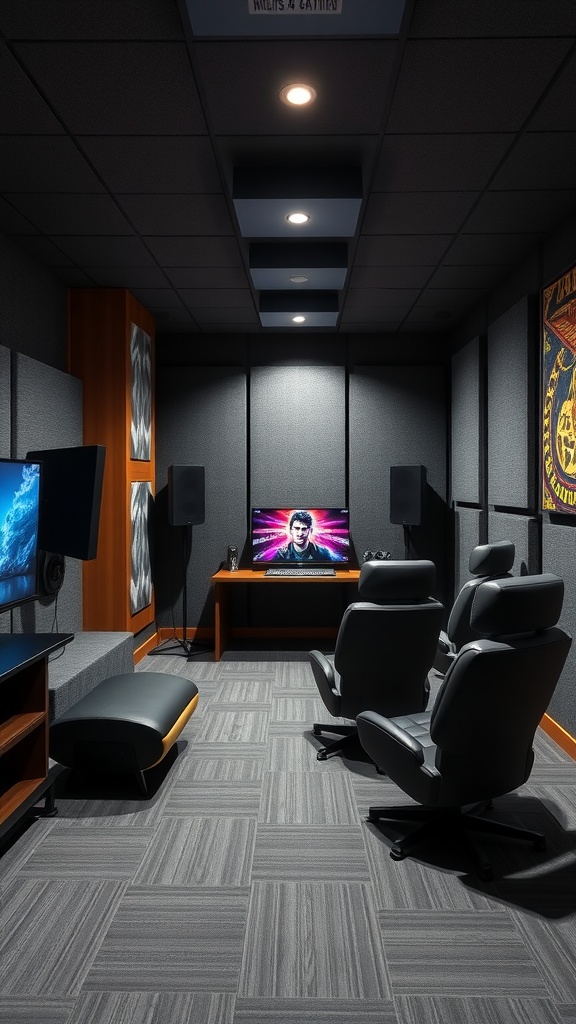 A modern soundproof game room with comfortable seating and audio setup.