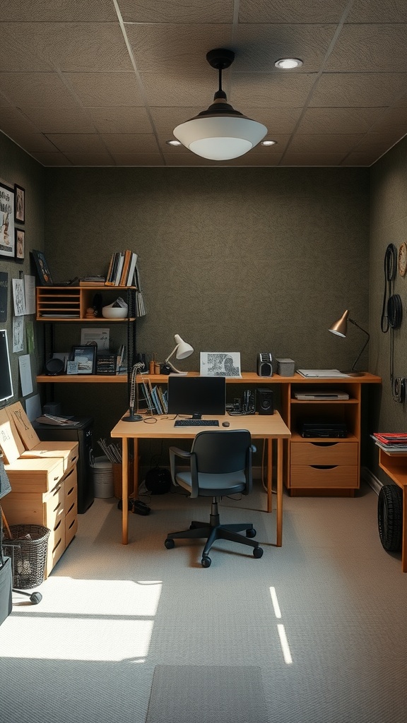 A small, organized hobby room with a desk, chair, and storage, featuring soundproofing elements.