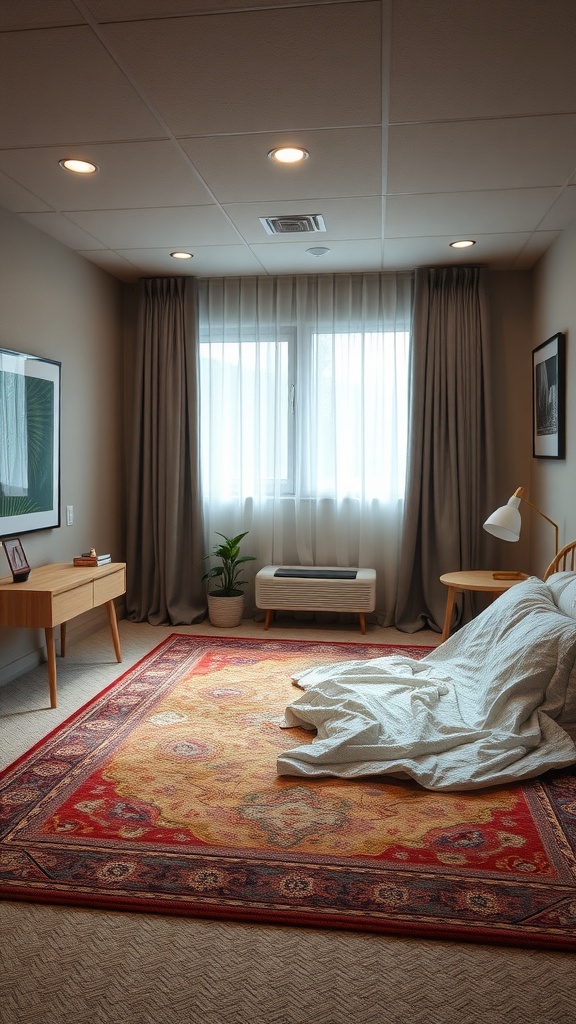 A cozy unfinished basement bedroom with soft lighting, a bed, and decorative elements.