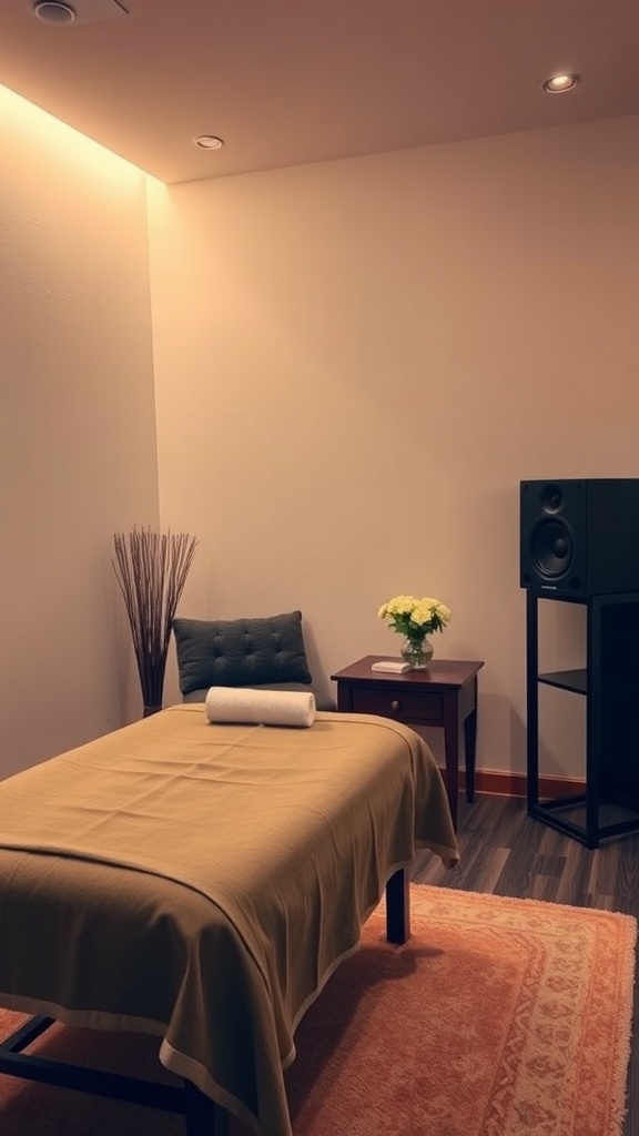 A small massage room featuring a massage table, soft lighting, and a speaker for soundscapes.