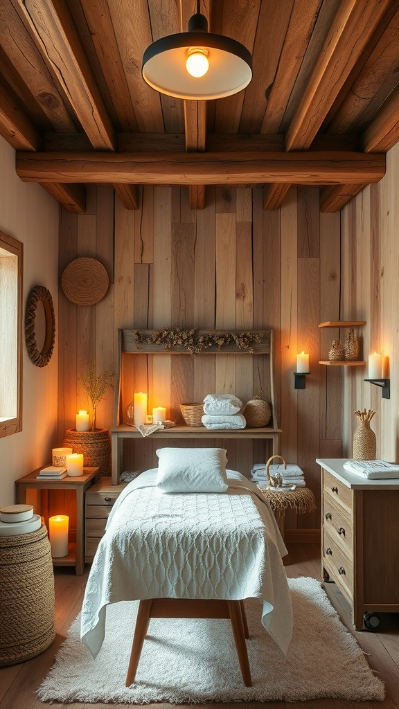 A rustic spa room with wooden walls, a massage table, candles, and cozy decorations.