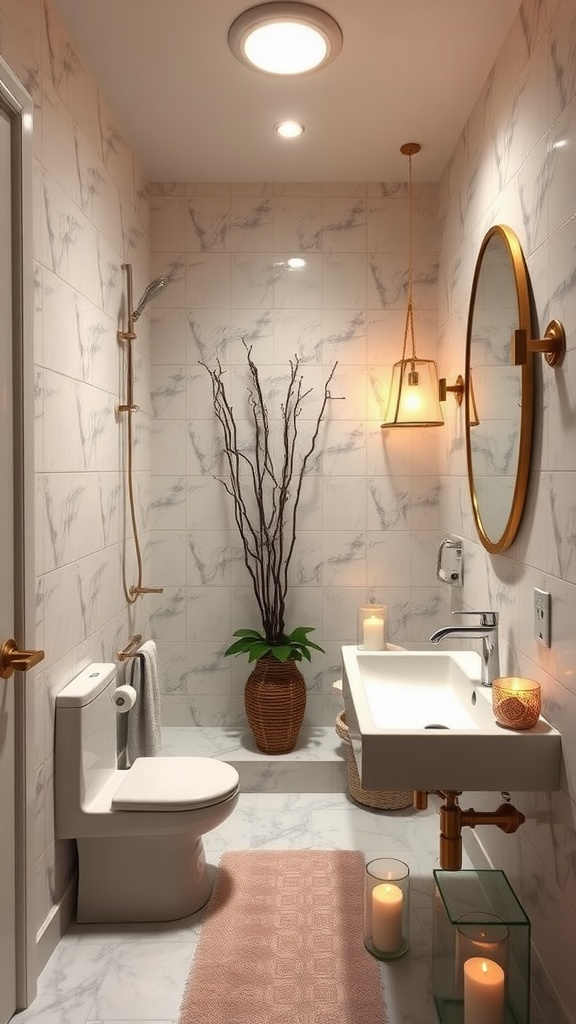 A spa-inspired bathroom featuring marble walls, a stylish sink, a shower, plants, and candles.
