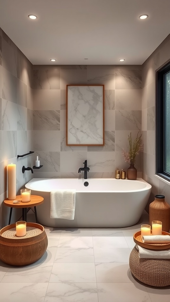 A serene spa-inspired bathroom featuring a freestanding tub, wood accents, and soft lighting.